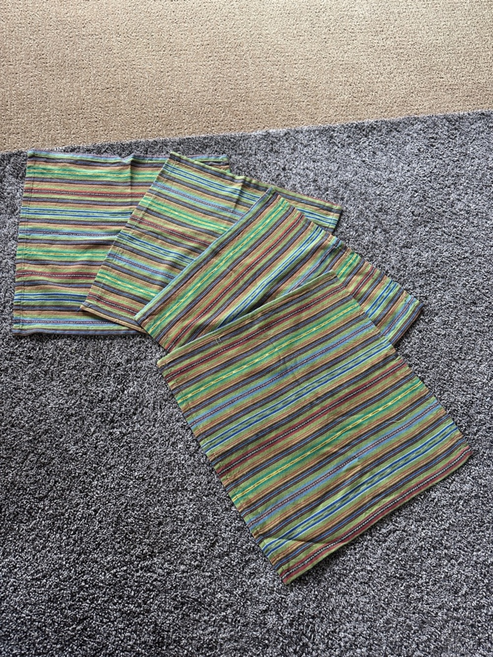 Handmade Authentic Guatemalan Green Stripe Multicolored set of 4 Cotton Napkins